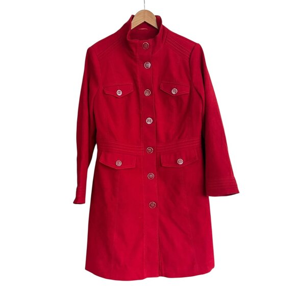 Per Una Cherry Red Winter Coat Sz 14 Brushed Velvet Preppy Satin Twee 3/4 Bold - Picture 1 of 13